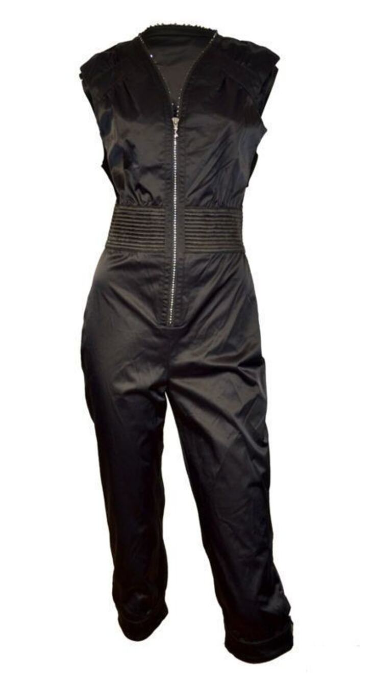 M by MADONNA Catsuit Jumpsuit Size 4 Black Satin Sleeveless Rhinestone Vintage